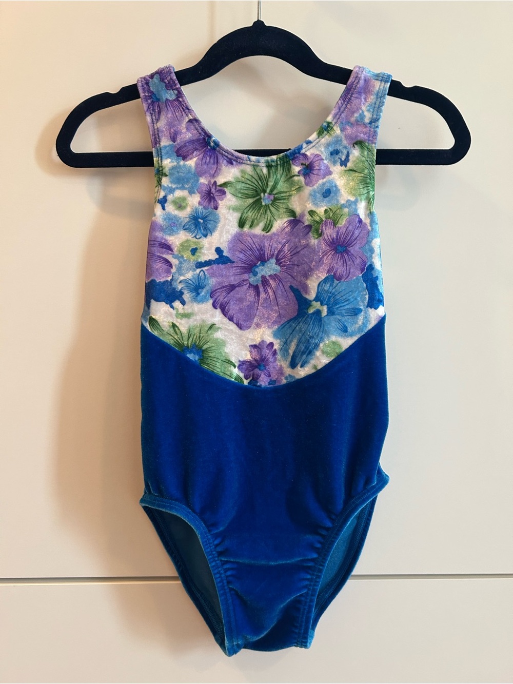 GK Girls Blue Floral Tank Velvet Gymnastics Leotard - Child’s Medium